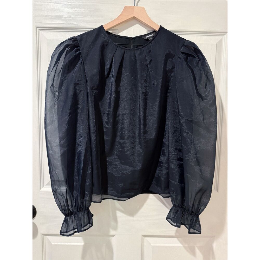 Express Organza Black Sheer Puff Sleeve Blouse Top Party‎ Holiday Wednesday L